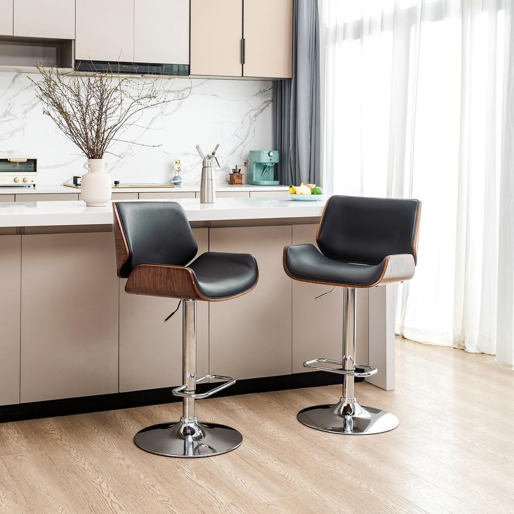 Set of 2 Leatherette Adjustable Height Swivel Bar Stools Chrome Plated Base Black - Glitzhome: Mid-Century, Curved Back, Pneumatic