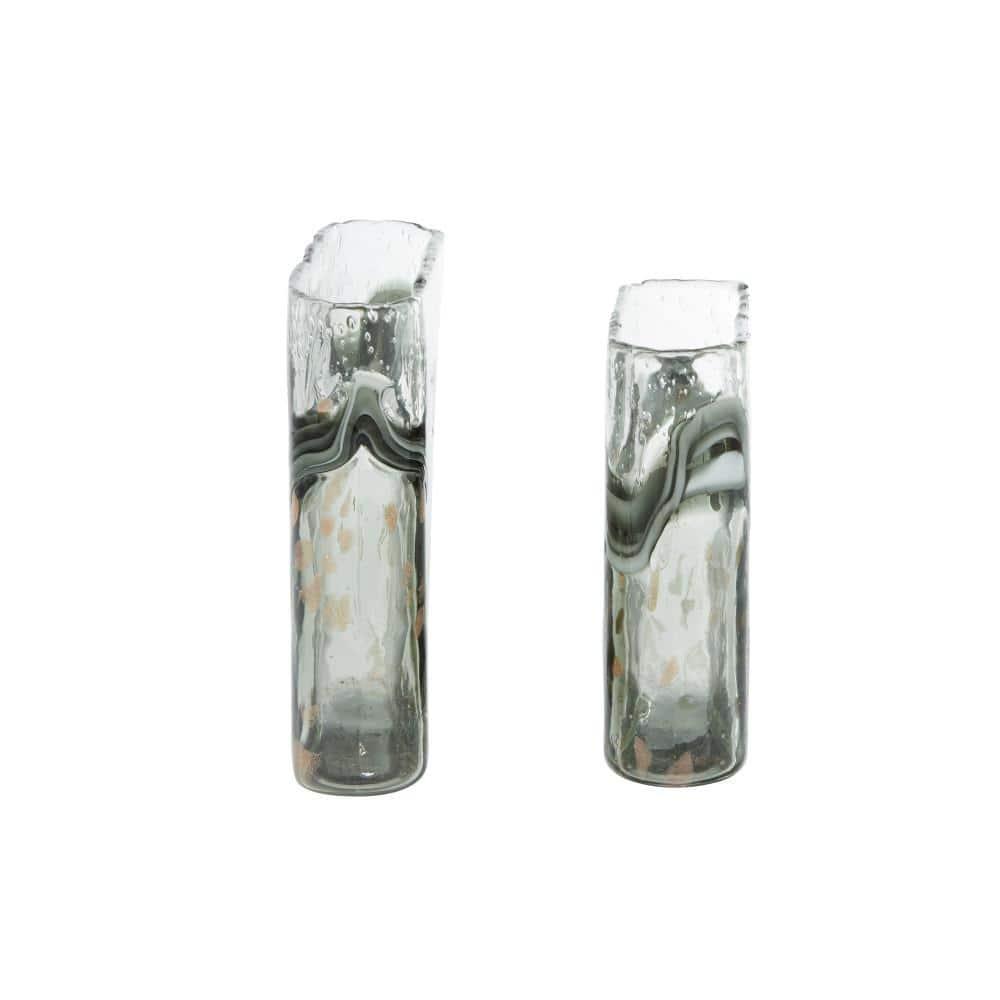 DecMode 9", 8"H Handmade Blown Gray Glass Vase with Speckled Wave Design, Set of 2