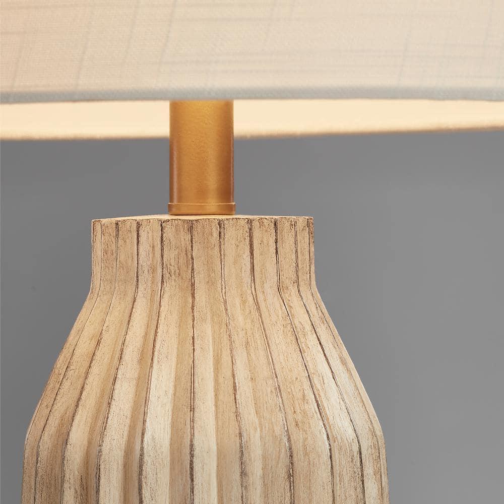 KAWOTI 24" Farmhouse Resin Table Lamp, Weathered White Table Lamp with Bamboo Pattern Shade for Bedroom