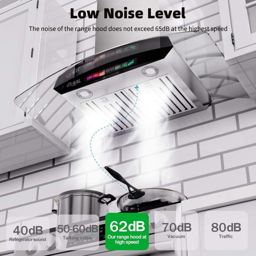 BRANO 30 inch Wall Mount Range Hood 900 CFM, Voice/Gesture/Touch Control, Stainless Steel Kitchen Hood Vent with 4 Speed Exhaust Fan, Adjustable Lights, Memory Mode