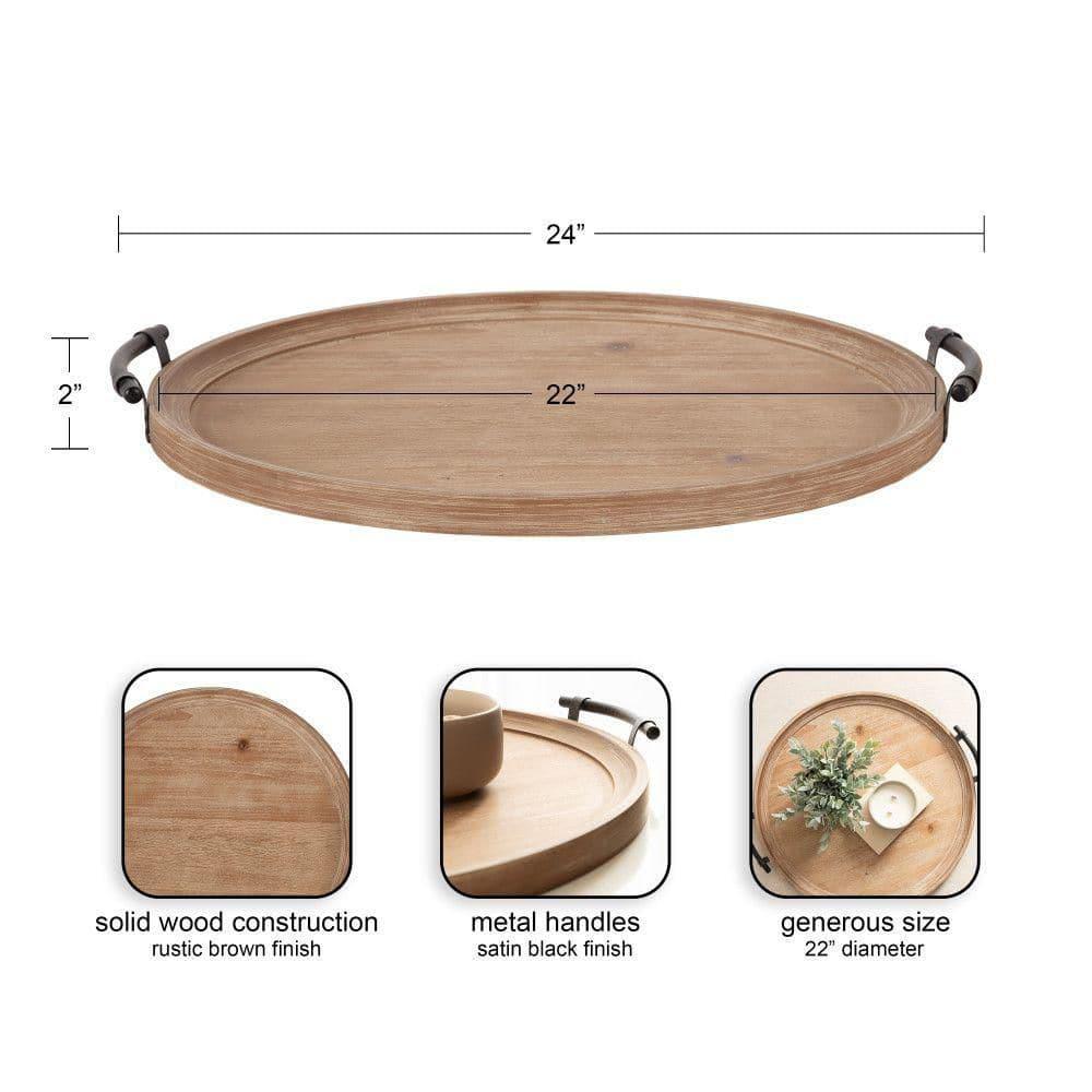 Kate and Laurel Bruillet Farmhouse Wood Round Ottoman Tray, 24 x 22, Rustic Brown, Circle Coffee Table Tray for Living Room Decor or Large Serving Tray