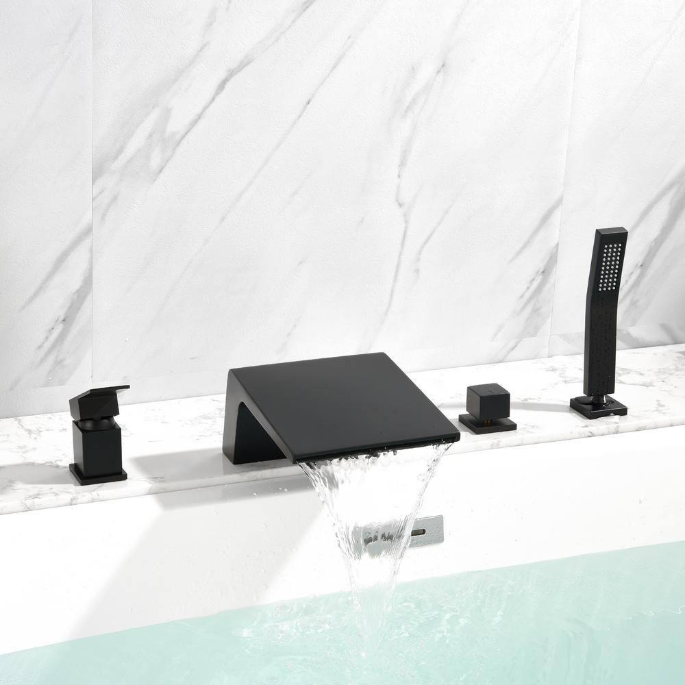 Boyel Living Single-Handle Shower Head Bathroom Bathtub Faucet, Deck Mount Roman Tub Faucet with Hand Shower and Water Suply Hose Waterfall Bath Tub Filler in Matte Black