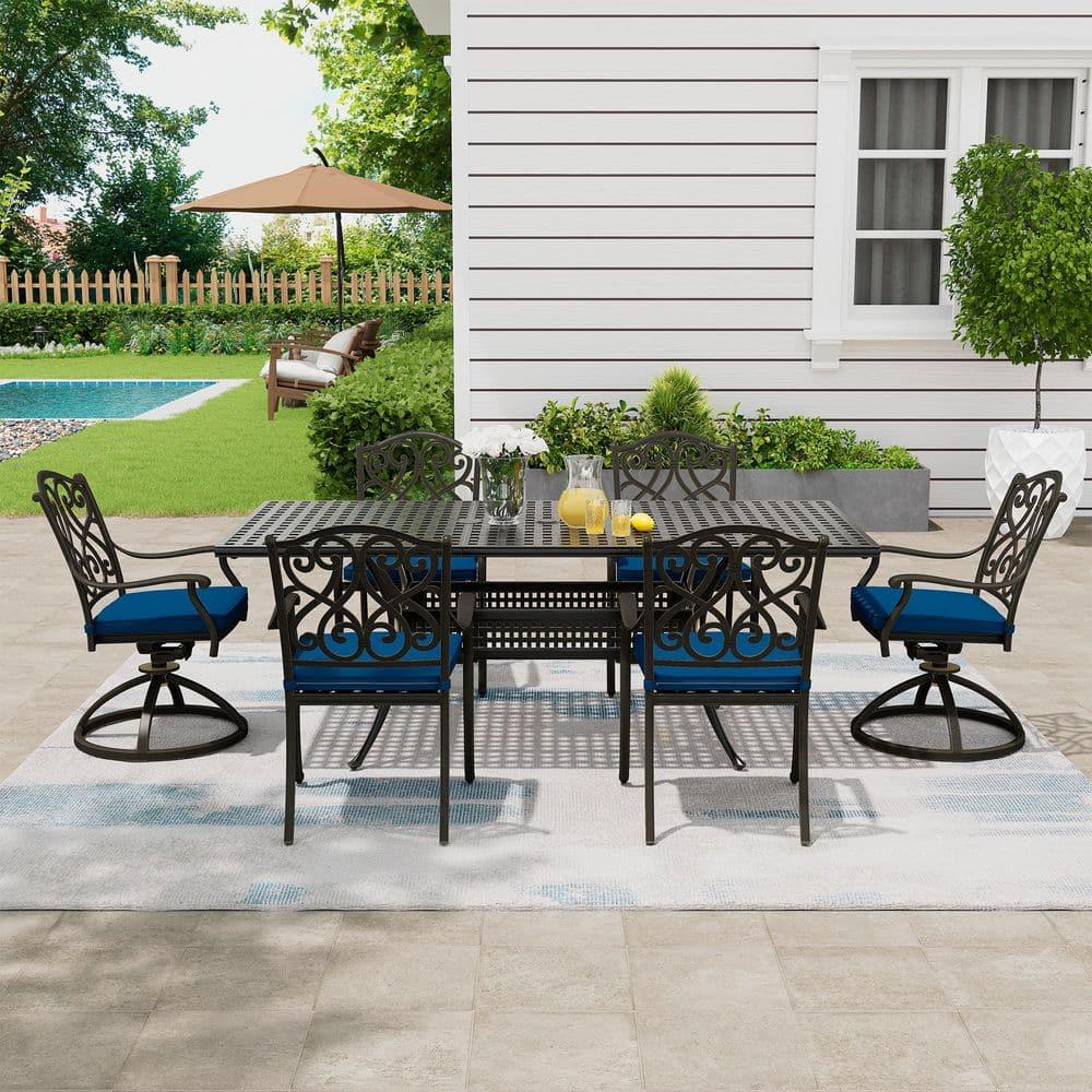 Black Cast Aluminum 6-Person Outdoor Dining Set with Blue Cushions