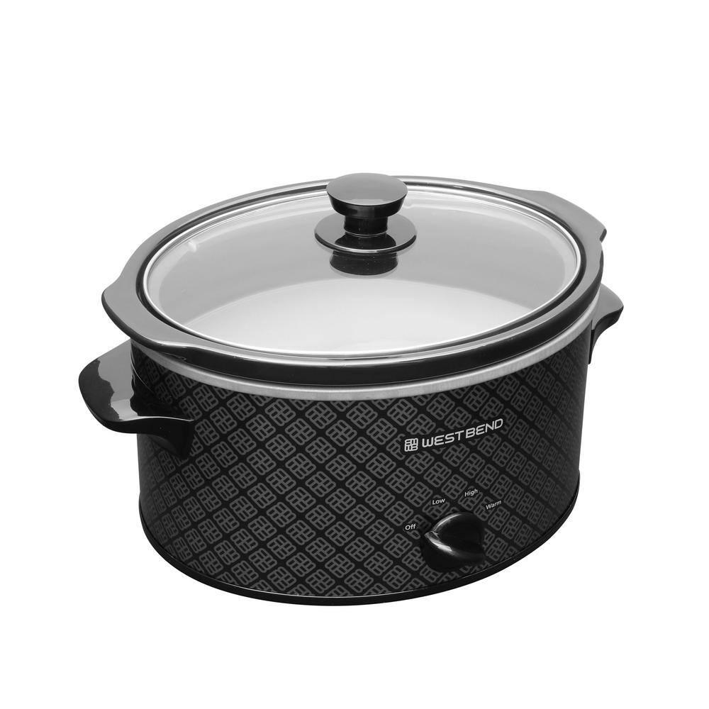 West Bend Slow Cooker 4-Quart Manual Crockery Style with Oval Ceramic Crockpot and Glass Lid, 210-Watts, Black