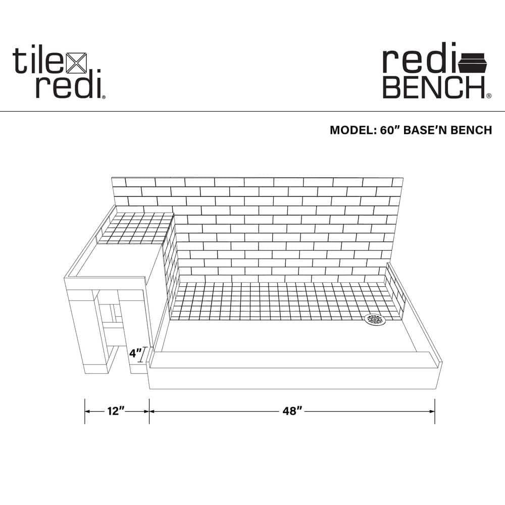 Tile Redi Base'N Bench Single Threshold Shower Base with Bench and Drain Plate
