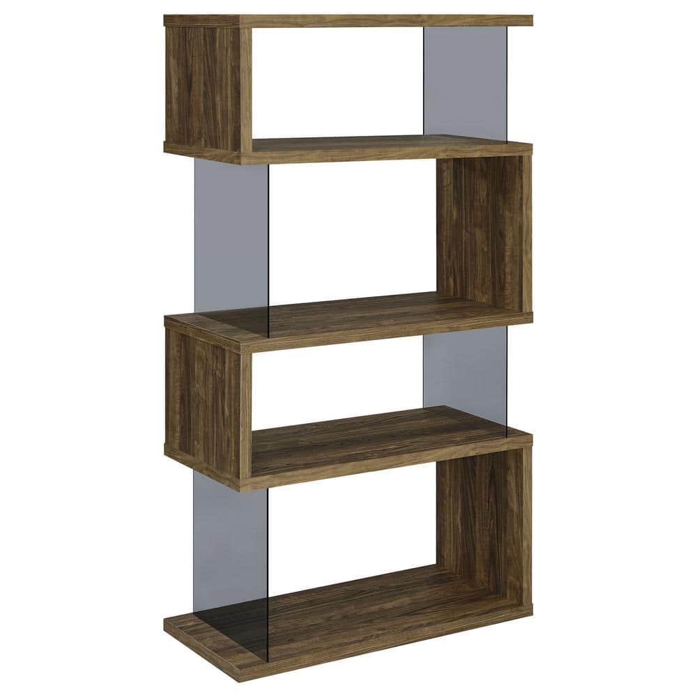 63" Emelle 4 Shelf Zig Zag Bookcase with Glass Panels Walnut - Coaster: Modern Laminated Storage Display