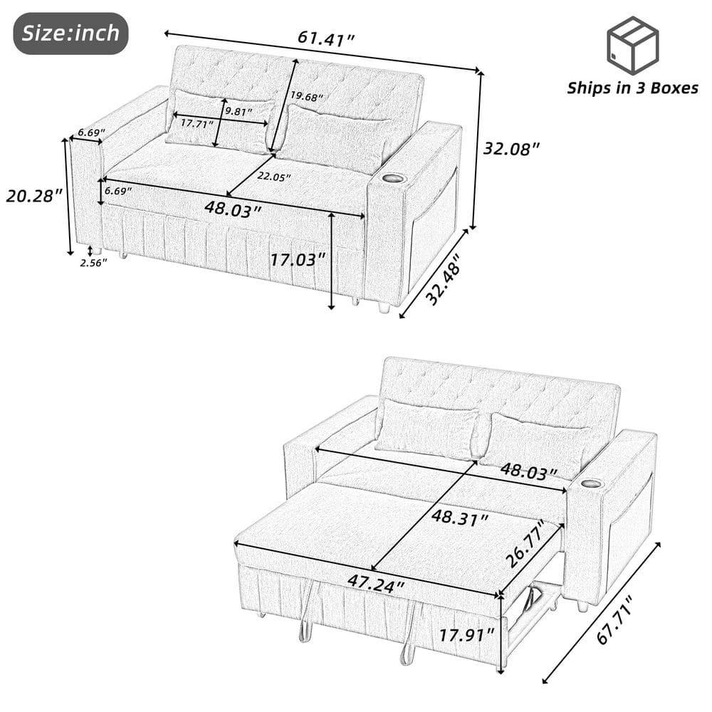 Blue Chenille Tufted Twin Sleeper Sofa with Cup Holder