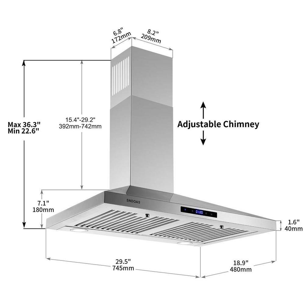 30 inch Wall Mount Range Hood Stainless Steel 350 Cfm Cooking Stove Vented LED Lamp 3 Speed Black