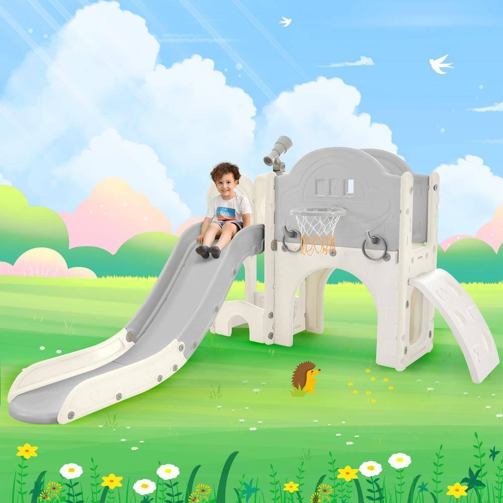 Gray and White 7-in-1 Freestanding Spaceship Playset with Slide, Telescope and Basketball Hoop