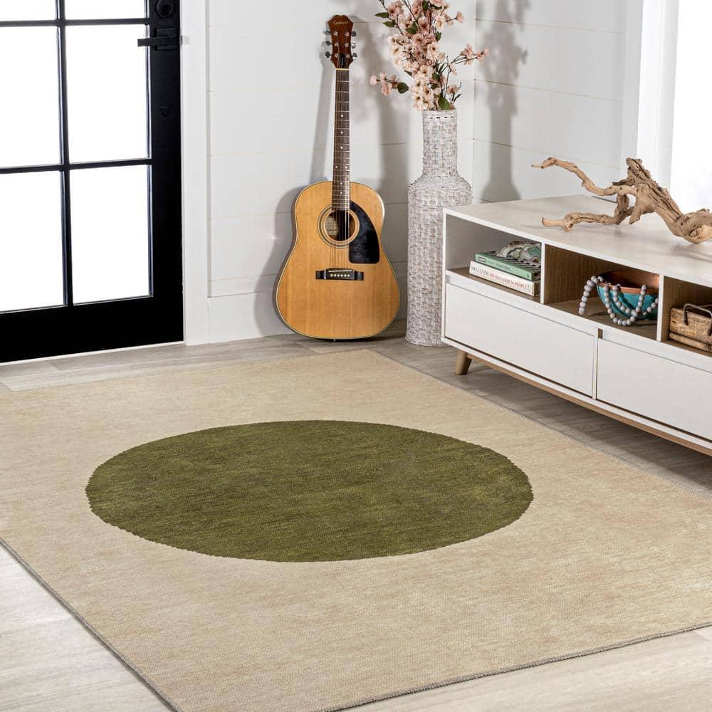 4' x 6' Cirkel Minimalist Geometric Dot Machine-Washable Area Rug, Cream/Olive - JONATHAN Y