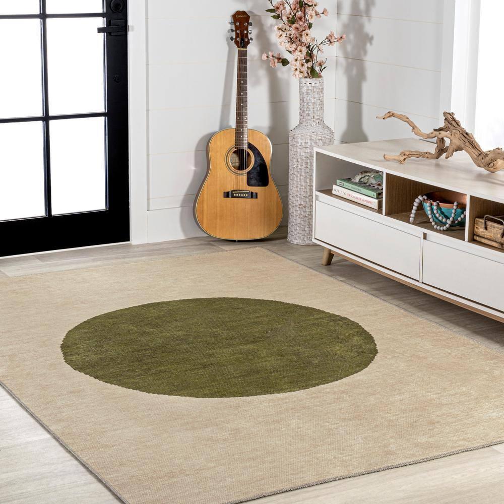 5' x 8' Cirkel Minimalist Geometric Dot Machine-Washable Area Rug, Cream/Olive - JONATHAN Y