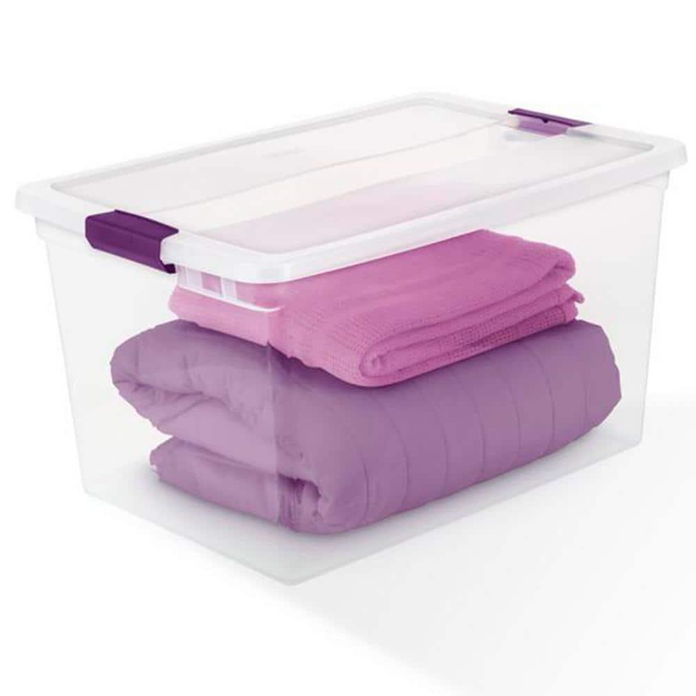Sterilite 66 Qt ClearView Latch Storage Box, Stackable Bin with Latching Lid, Plastic Container to Organize Clothes in Closet, Clear Base, Lid, 6-Pack