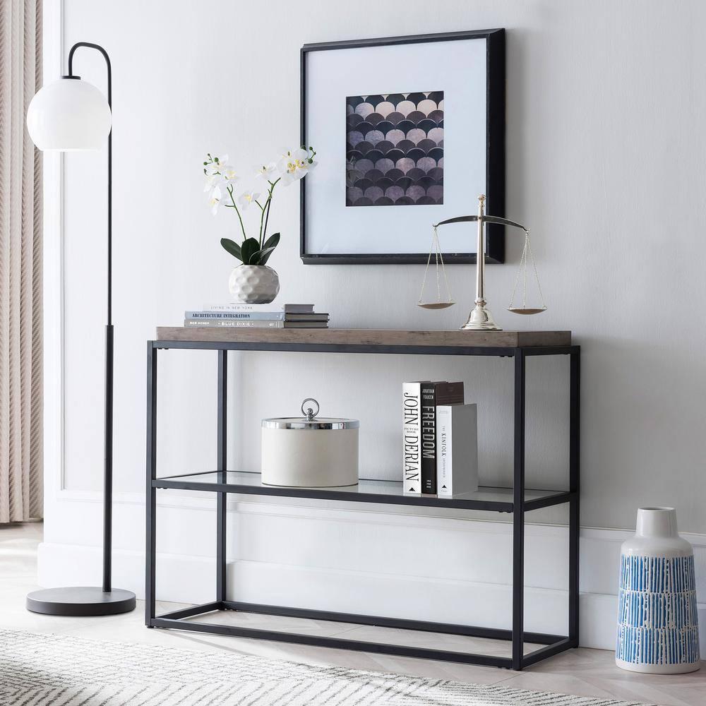 42" Black and Bronze Metal Console Table with Gray Oak Wood Shelf - Henn&Hart