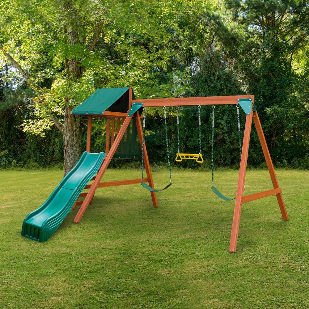 Swing-N-Slide Ranger Plus Wooden Backyard Swing Set with Slide, Climbing Wall and Swings, Swing Set for Backyards
