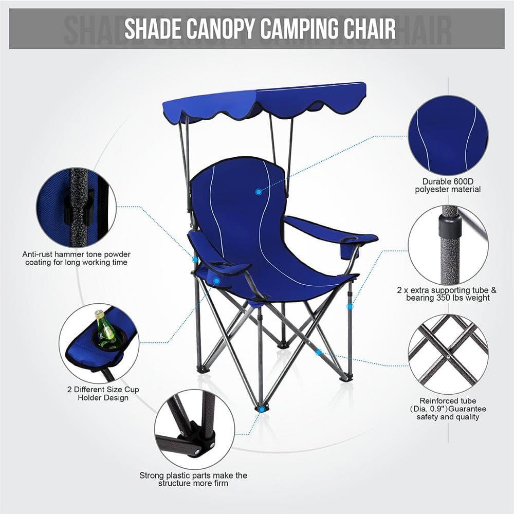 Topcobe Portable Folding Beach Canopy Chair with Cup Holders, Camping Chairs with Canopy, Blue