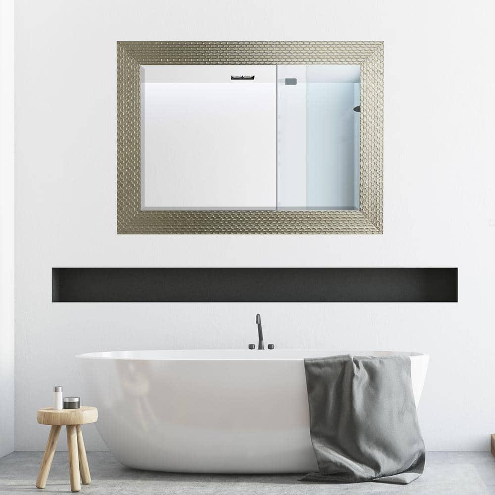 43.5 in. H x 31.5 in. W Modern Honeycomb Rectangle Champagne Silver Framed Beveled Glass Accent Wall Mirror