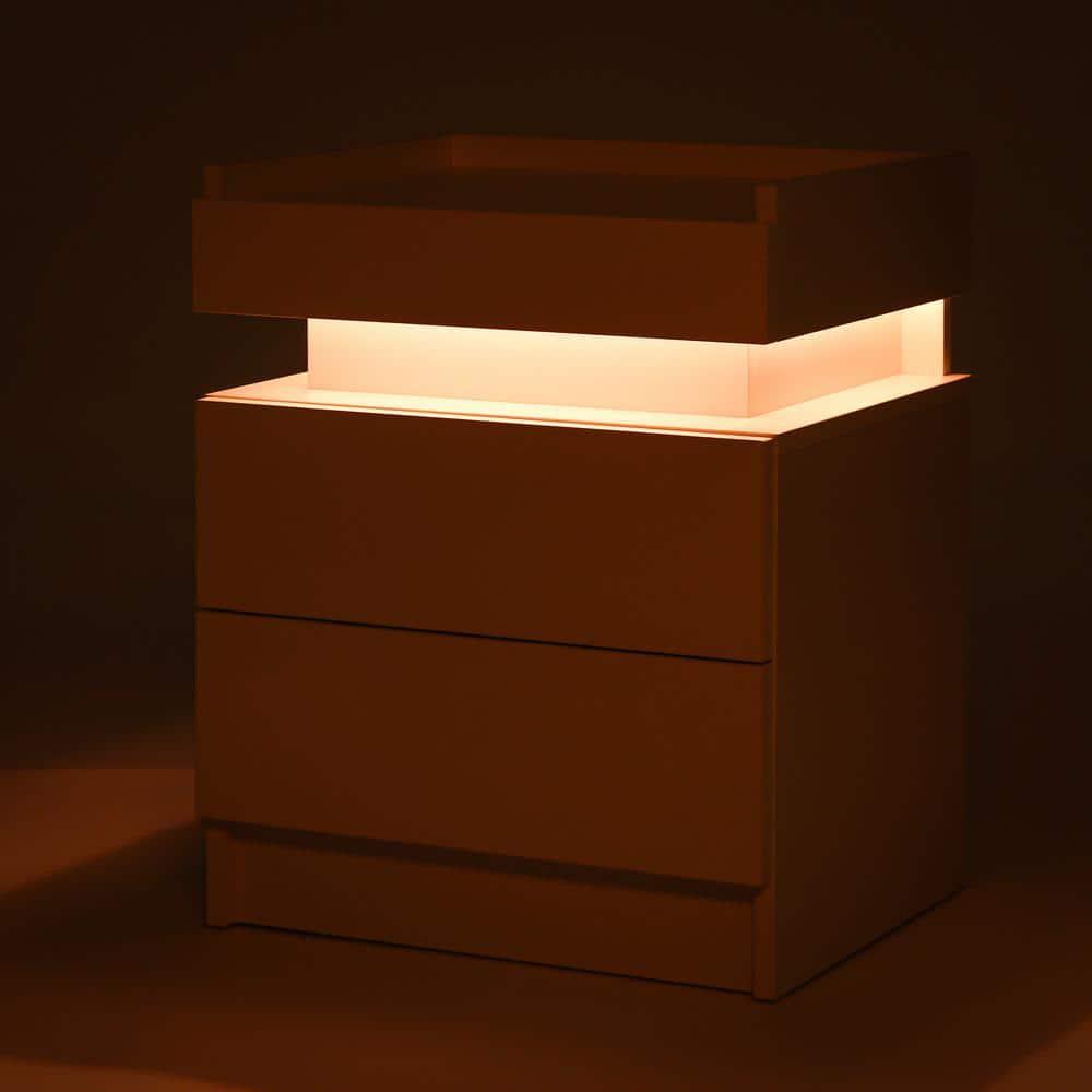 Hommpa High Gloss Tall 2 Drawer Nightstand LED Bedside Table Cabinet Bedroom Furniture White
