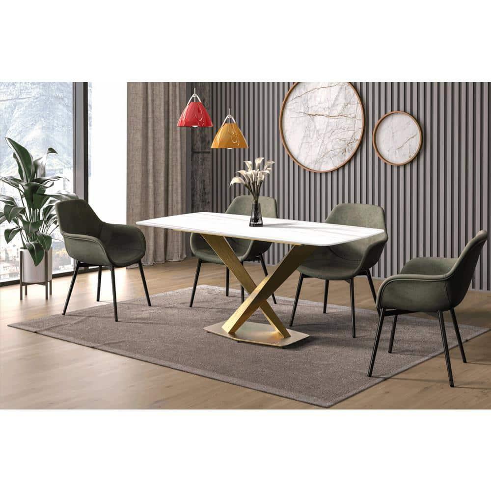 LeisureMod Voren Mid-Century Modern Dining Table with a 55" Sintered Stone Rectangular Tabletop in Gold Stainless Steel Base for Kitchen and Dining Room, White/Gold
