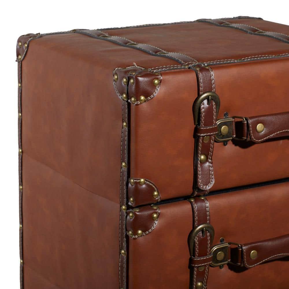 DecMode 16" x 42" Brown Wood Faux Leather 6 Drawers Chest with Buckle and Strap Detailing, 1-Piece