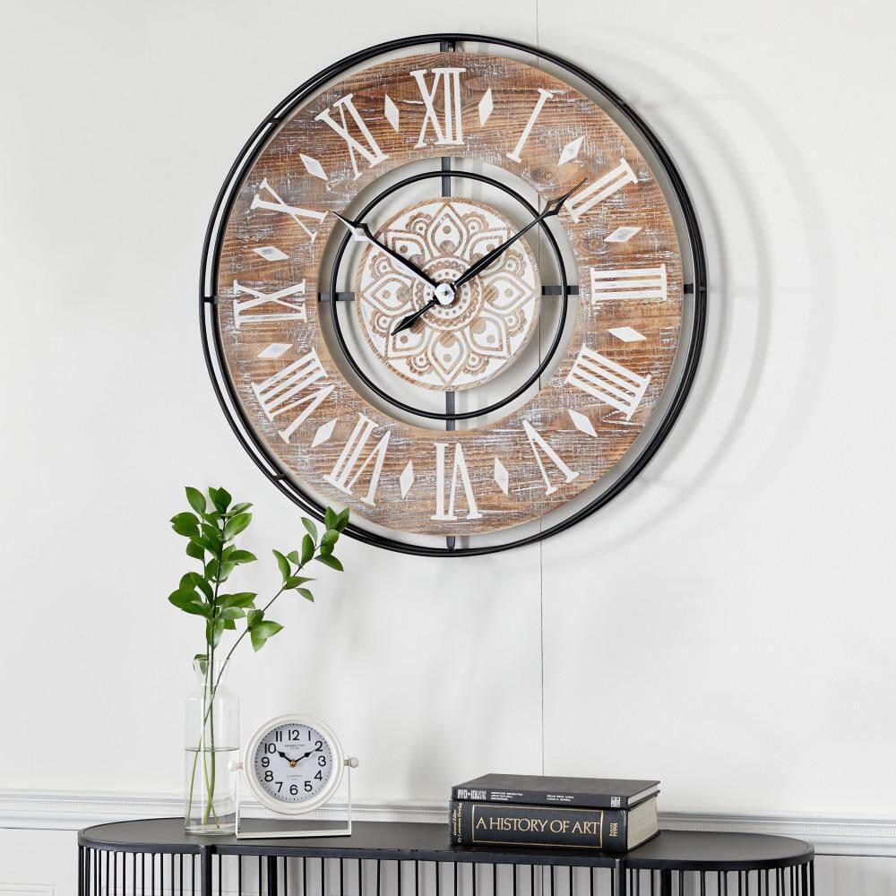 DecMode 34" Brown Metal Floral Wall Clock with Wood Accents