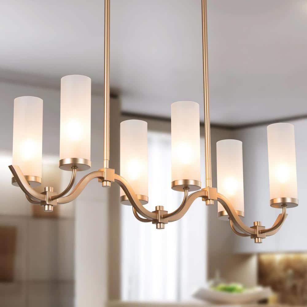 Modern Gold Linear Island Chandelier 6-Light Candlestick Chandelier with Cylinder Frosted Glass Shades