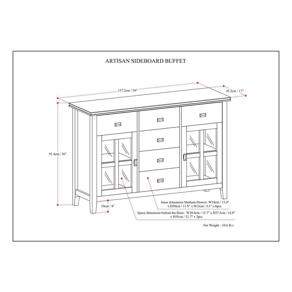 Simpli Home Artisan 54"W Solid Wood Sideboard Buffet with Tempered Glass Doors and 6 Drawers