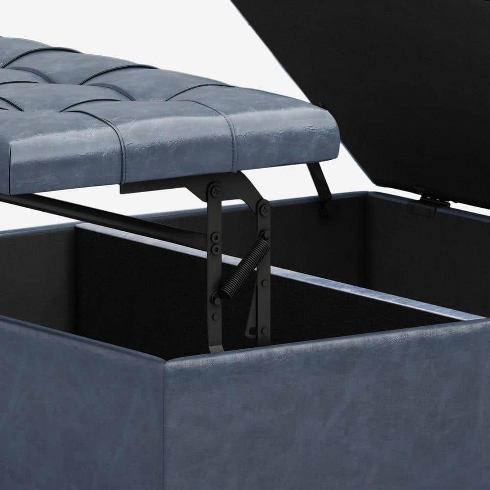 Simpli Home Harrison 36"W Upholstered Square Coffee Table Storage Ottoman with Split Lift Top