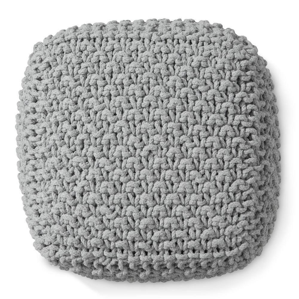 Casafield Square Pouf Ottoman, Light Gray - 18.5" W x 18.5" D x 14.5" H Cotton Knit Foot Stool - Boho Floor Pouffe for Living Room