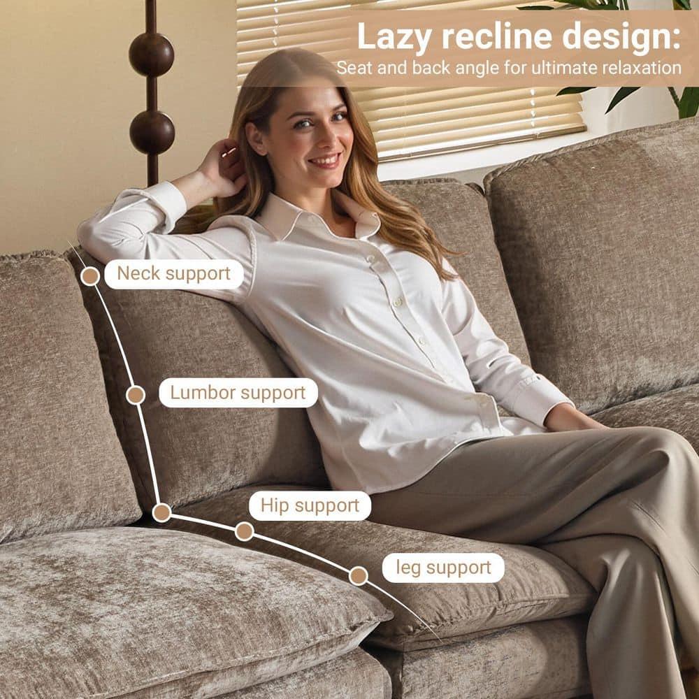 Karl home Sectional Sofa Modular Deep Seat Sofa Couch with Ottoman, Chenille Sofa Sleeper Comfy Upholstered Furniture for Living Room, Apartment, Studio, Office, (3-Seat & 1-Ottoman, Light Brown)