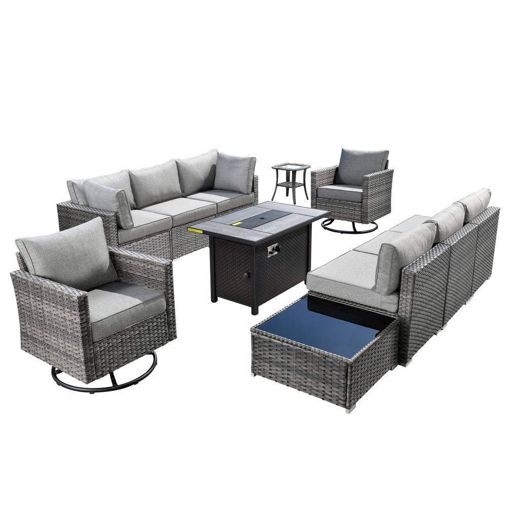 Ovios Venice 11pc Wicker Outdoor Patio Furniture Set Conversation Sofa with a Metal Fire Pit Swivel Chairs and Dark Gray Cushions