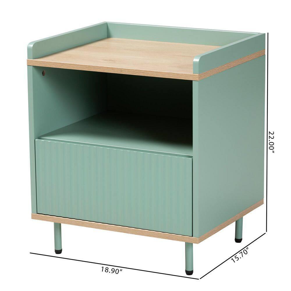 Tavita Two-Tone Wood 1 Drawer End Table Oak Brown/Mint Green - Baxton Studio: Side Table with Storage Shelf