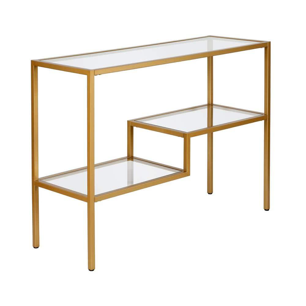 Brass and Glass Console Table with Storage Shelves