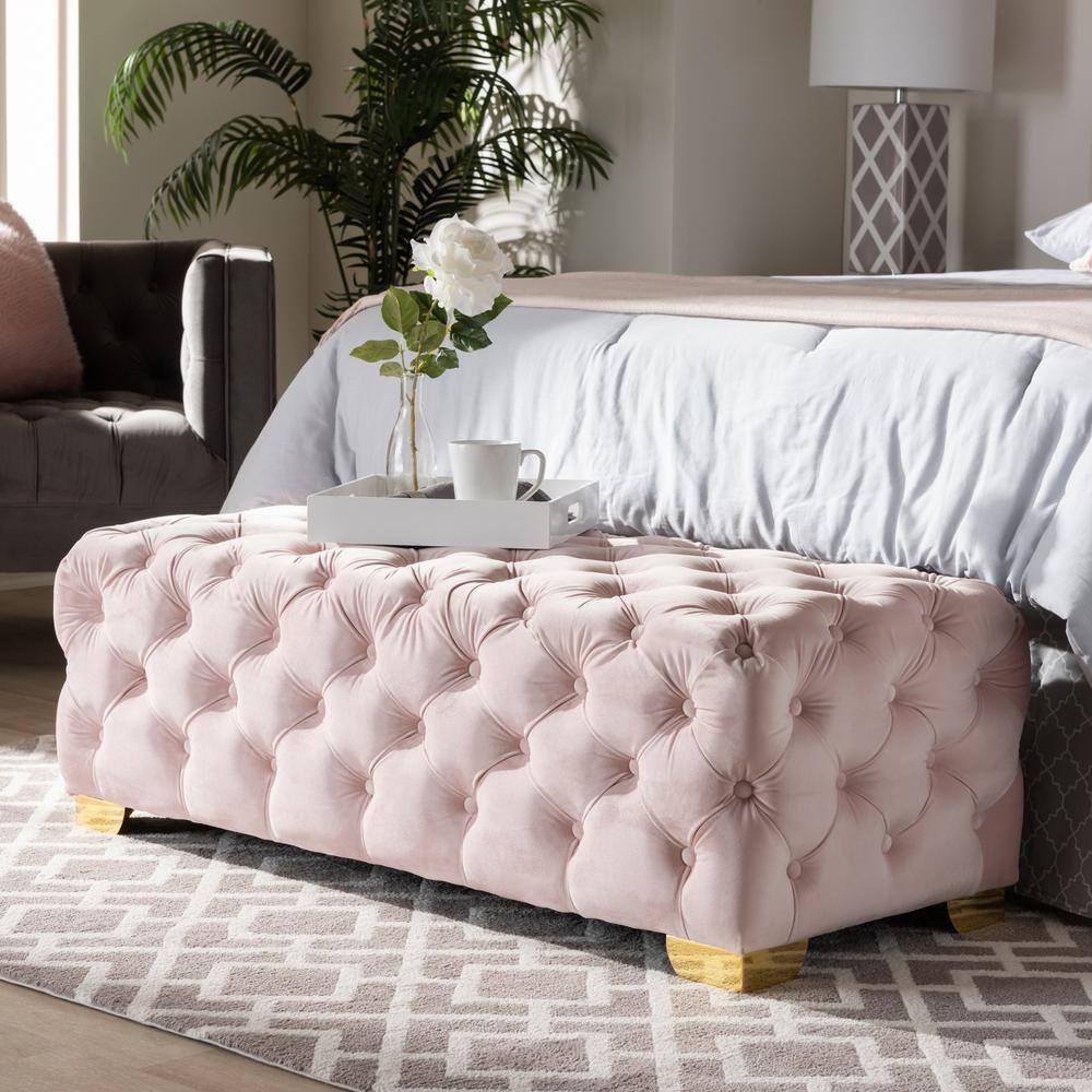 Baxton Studio Avara Velvet Button Tufted Bench Ottoman Pink: Modern Upholstered Rectangular Furniture