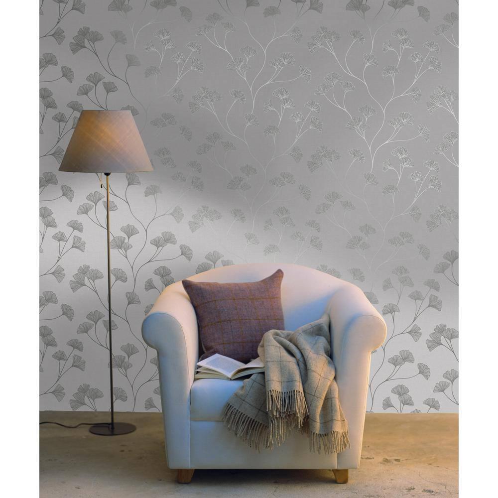Holden Glistening Ginkgo Silver Wallpaper: Mid-Century Modern Floral Design, Non-Pasted Paper, Smooth Metallic Finish, 56 Sq Ft Coverage