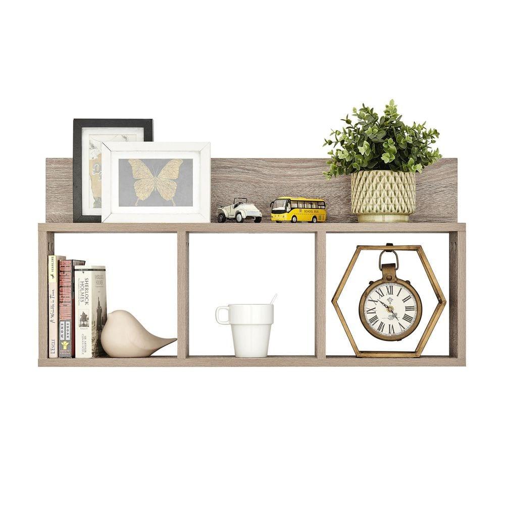 Danya B. 31.5" x 15.7" Modern 3 Cube Floating Wall Shelf with Display Ledge Weathered Oak: Laminated MDF, Iron Hardware