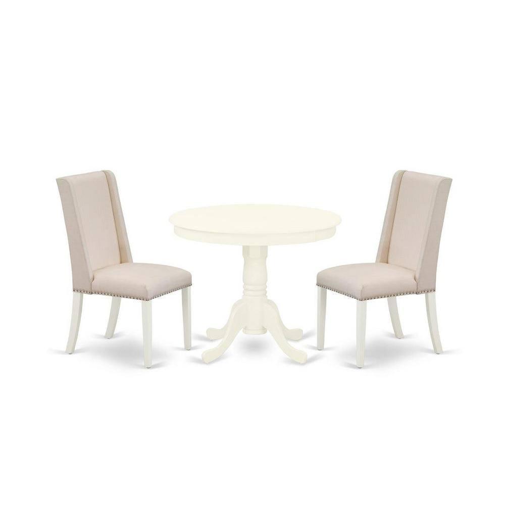 East West Furniture Antique 3-piece Dining Set with Fabric Seat in Linen White