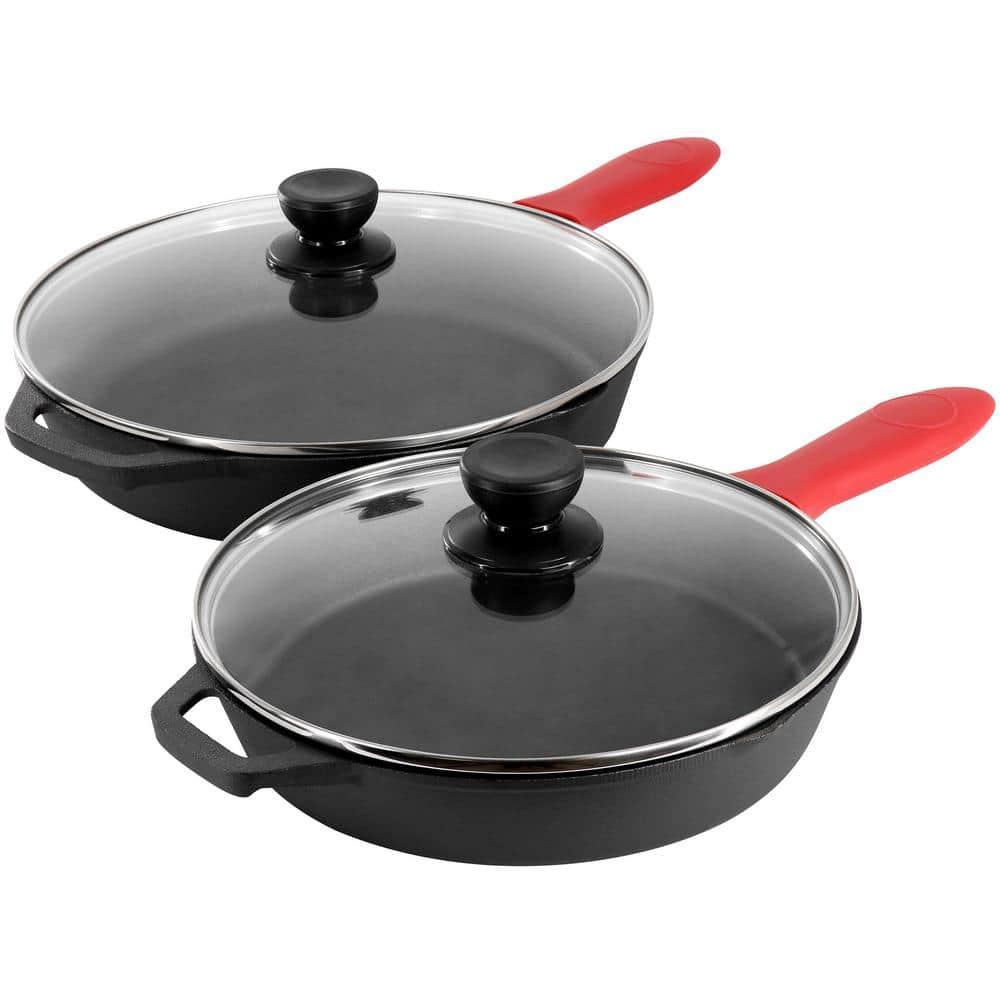 MegaChef 14 Piece Cast Iron Skillet Set with Tempered Glass Lids & Silicone Holders