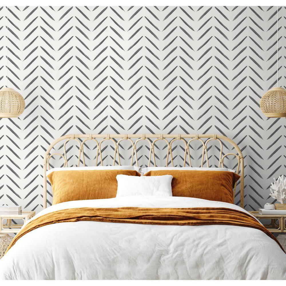 Holden Chevron Brush Marks Black and White Wallpaper: Modern Non-Pasted Paper, Classic Pattern, Washable, 33ft x 20.8in