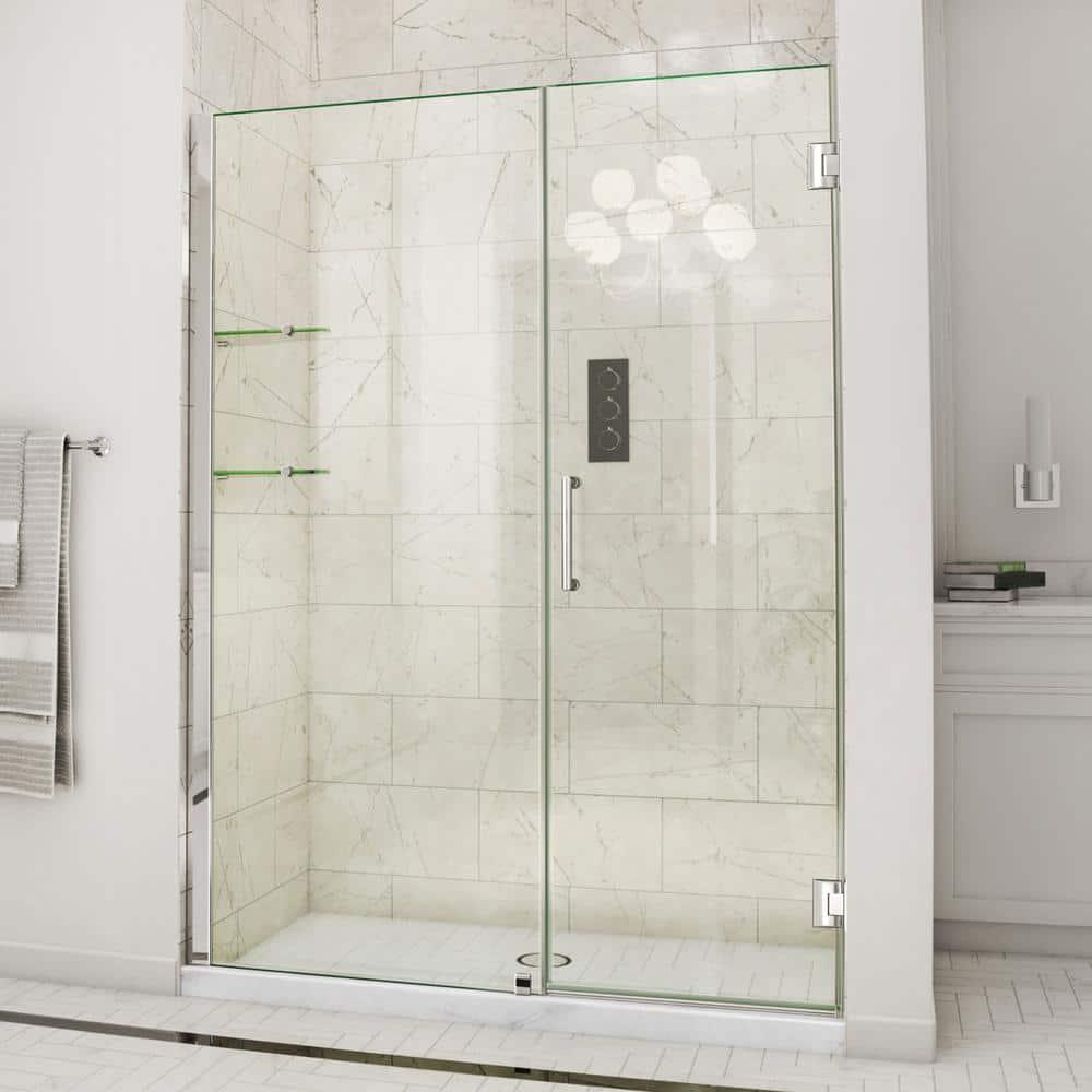 Unidoor 57" W x 72" H Hinged Frameless Shower Door and Fixed Panel with ClearMax Glass Treatment