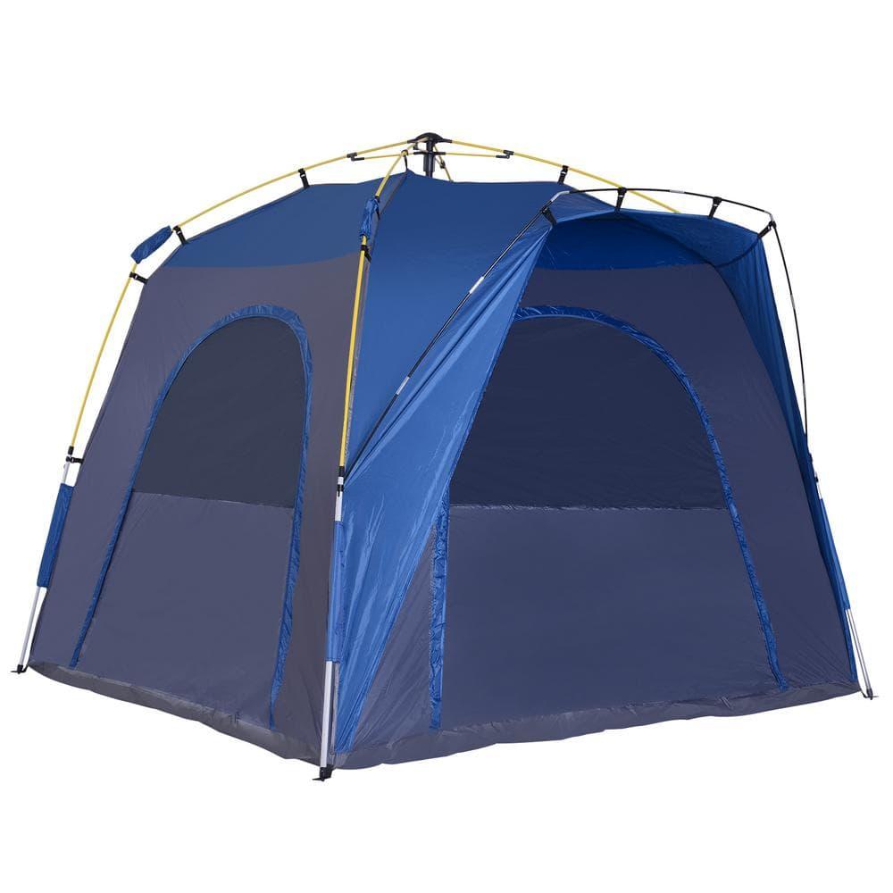Outsunny Camping Tents 4 Person Pop Up Tent Quick Setup Automatic Hydraulic Family Travel Tent w/ Windows, Doors Carry Bag Included, Blue
