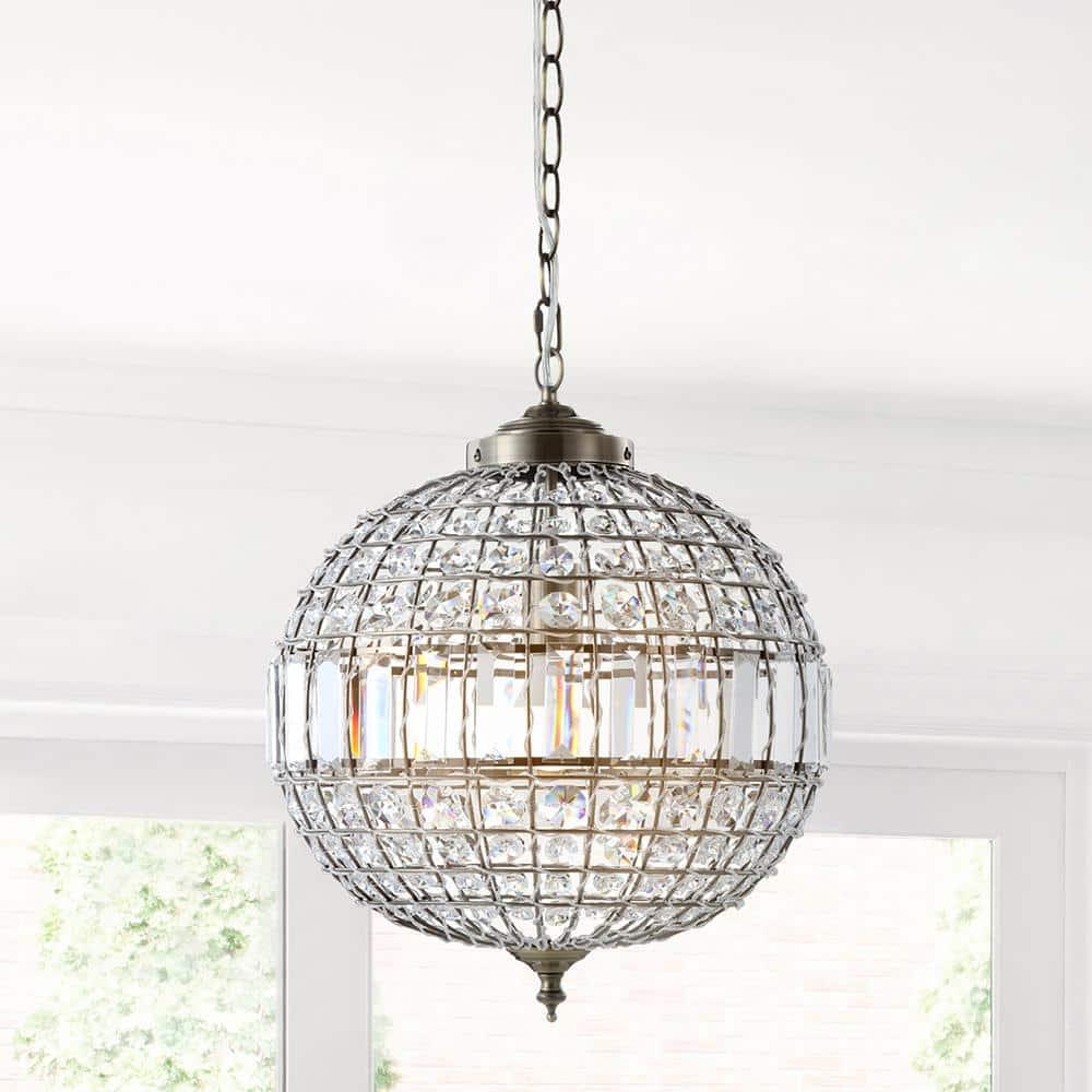JONATHAN Y JYL6110B Georgina Crystal/Metal LED Chandelier Pendant Glam Contemporary Transitional Dimmable Dining Room Living Room Kitchen Foyer Bedroom Hallway, 16", Antique Brass/Clear