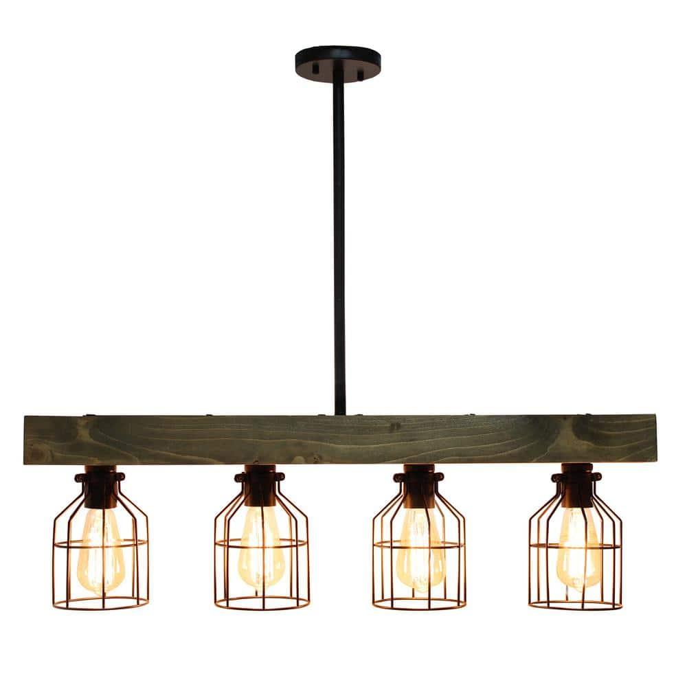 Elegant Designs 47.5" Farmhouse Rustic Cage Ceiling Pendant, Restored Wood, Black/Brown