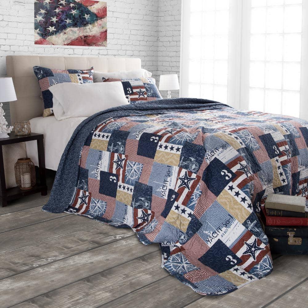 Quilt Set - Nautical Americana Patchwork Print All-Season Soft Microfiber Bedding with Pillow Sham