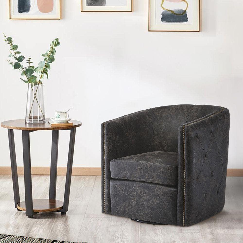 31 Inch Barrel Back Leatherette Swivel Accent Chair Black - Saltoro Sherpi