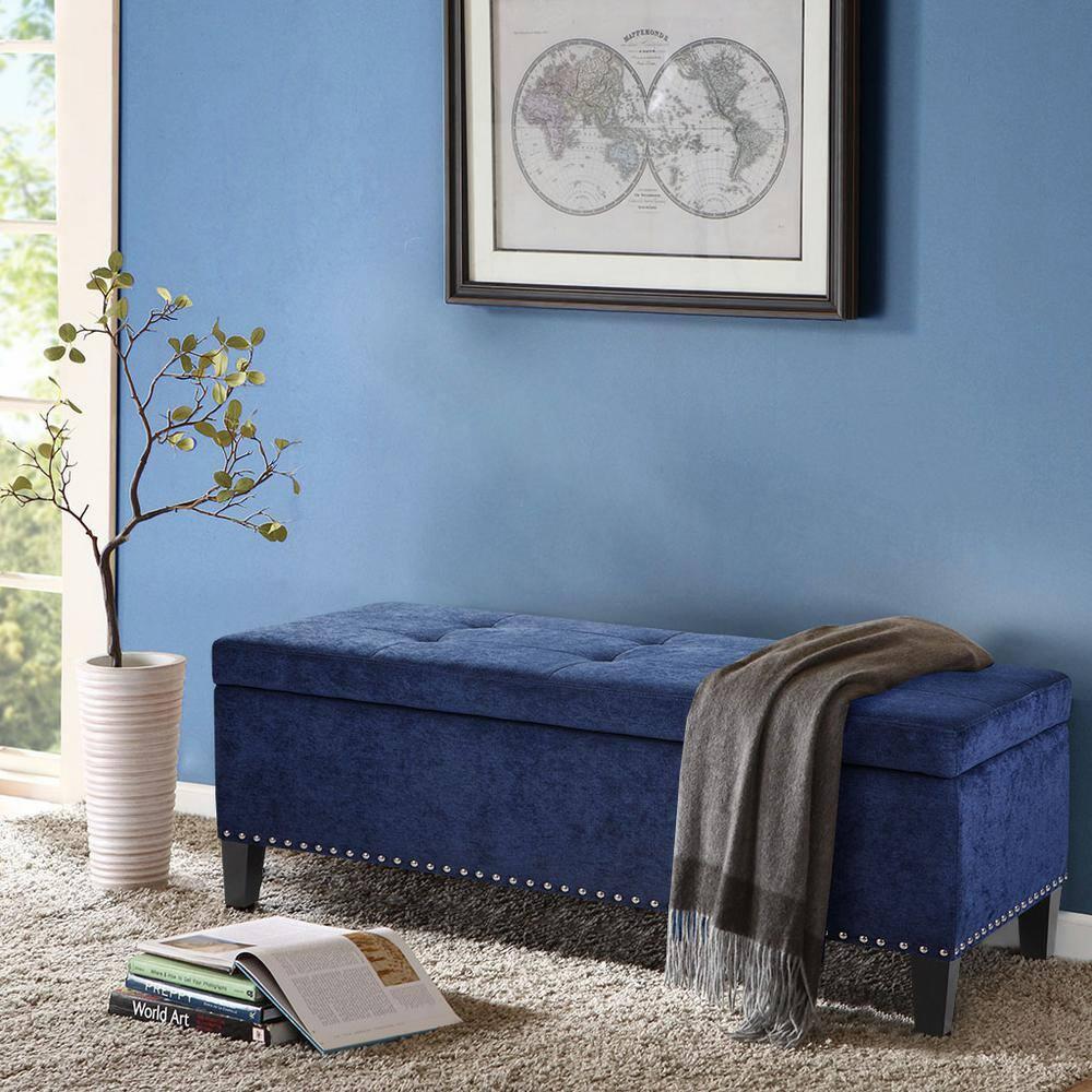 18" Shandra Bench Storage Ottoman with Tufted Top Blue - Home: Faux Leather, Rectangular, Wood Legs, Polyester Upholstered