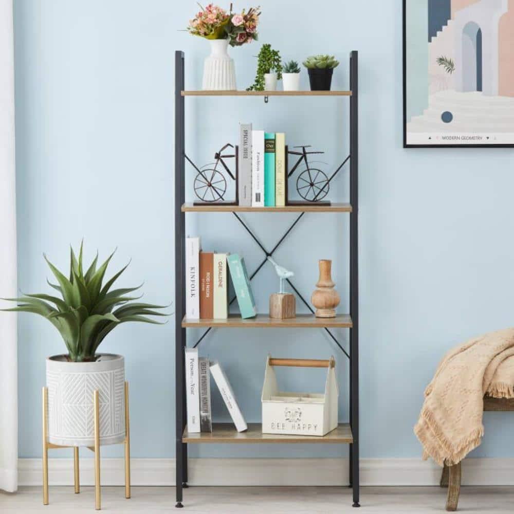 LuxenHome 4-Shelf 58.3" x 23.62" W Wood and Metal Ladder Bookcase. Brown