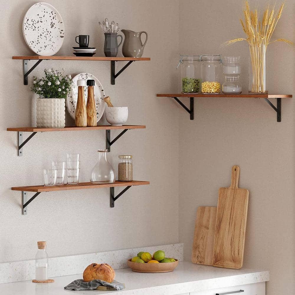 DINZI LVJ Long Wall Shelves, 31.5 Inch Wall Mounted Shelves Set of 2, Easy-to-Install, Wall Storage Ledges with Sturdy Metal Brackets for Living Room, Bathroom, Bedroom, Kitchen, Rustic Brown