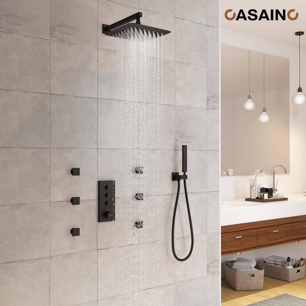 3 Functions 12 Inch Wall Mount Thermostatic Shower System with 6 Body Jets