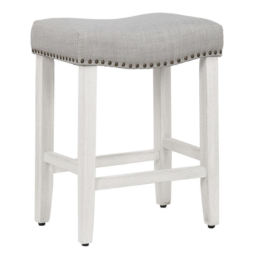 Polytrends Jameson Upholstered Polyester Antique White 24 Inch Counter Stool Antique White/Gray Wood Rubberwood Footrest Fabric Glam