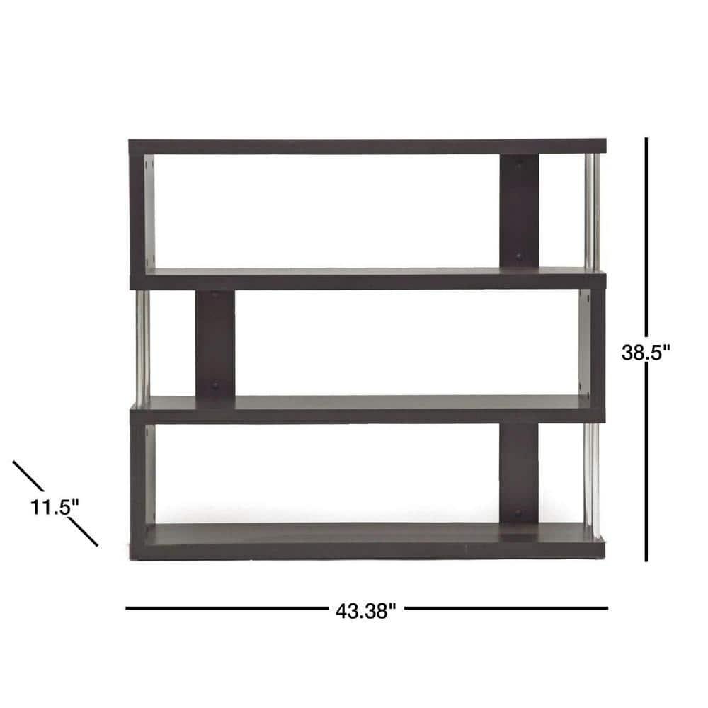 38.5" Barnes Three Shelf Modern Bookshelf Dark Brown - Baxton Studio: Chromed Steel Supports, Engineered Wood